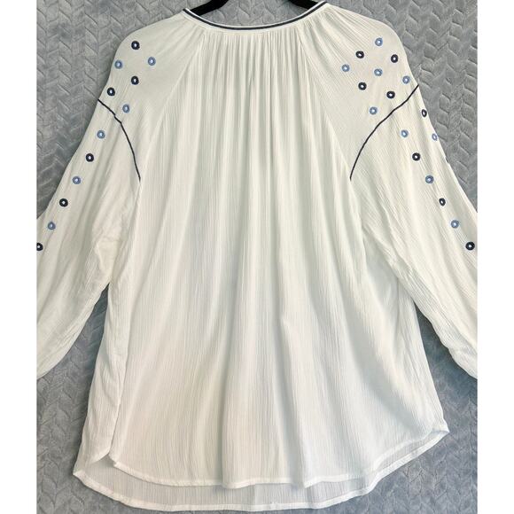 SOHO Peasant Blouse in White with blue accent Size L Country Boho Hippie Gauze - Picture 7 of 7